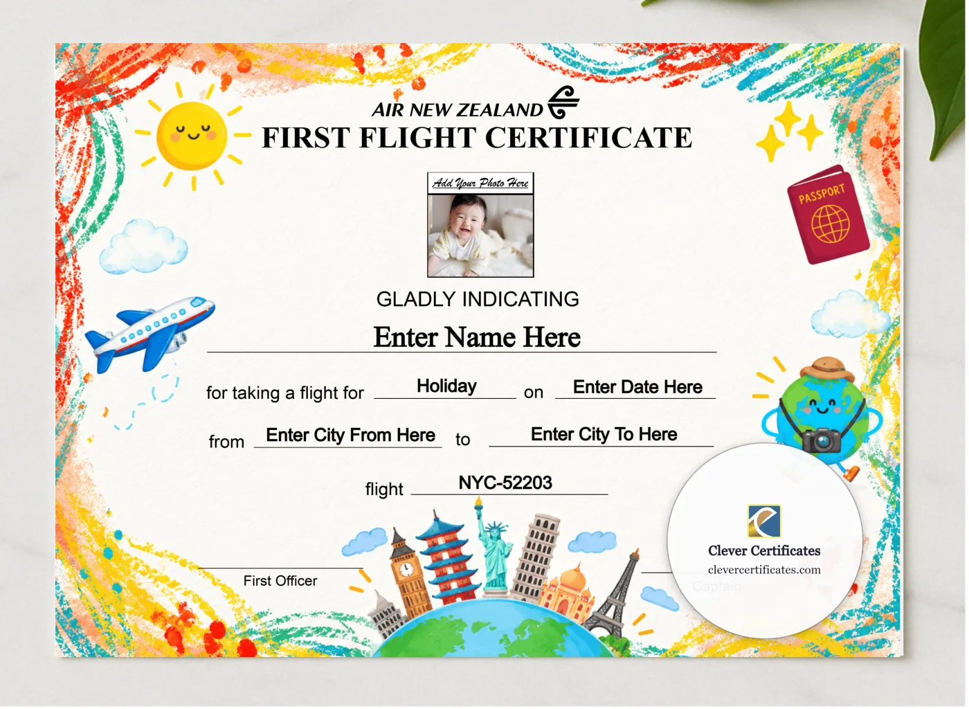 Air New Zealand Baby First Flight Certificate Landscape presented in a sleek wooden frame, elegantly arranged on a stylish table.