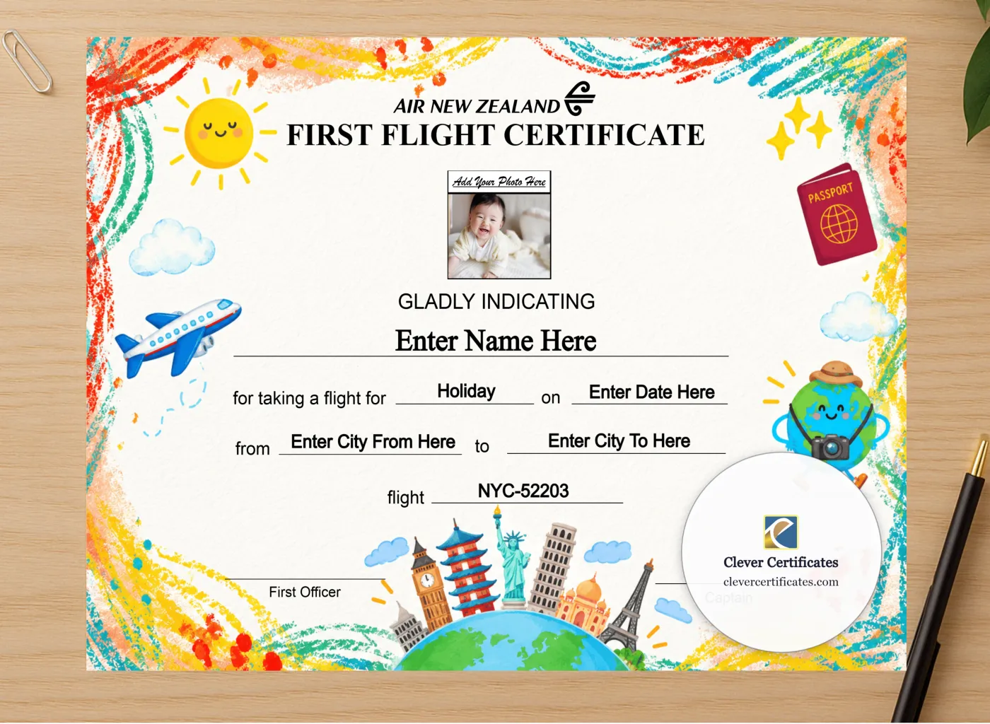 Professional preview of Air New Zealand Baby First Flight Certificate Landscape certificate on high-quality stationery paper, ideal for showcasing the final look.
