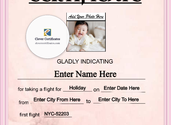 Qantas Baby First Flight Certificate Portrait — Certificate Template Preview