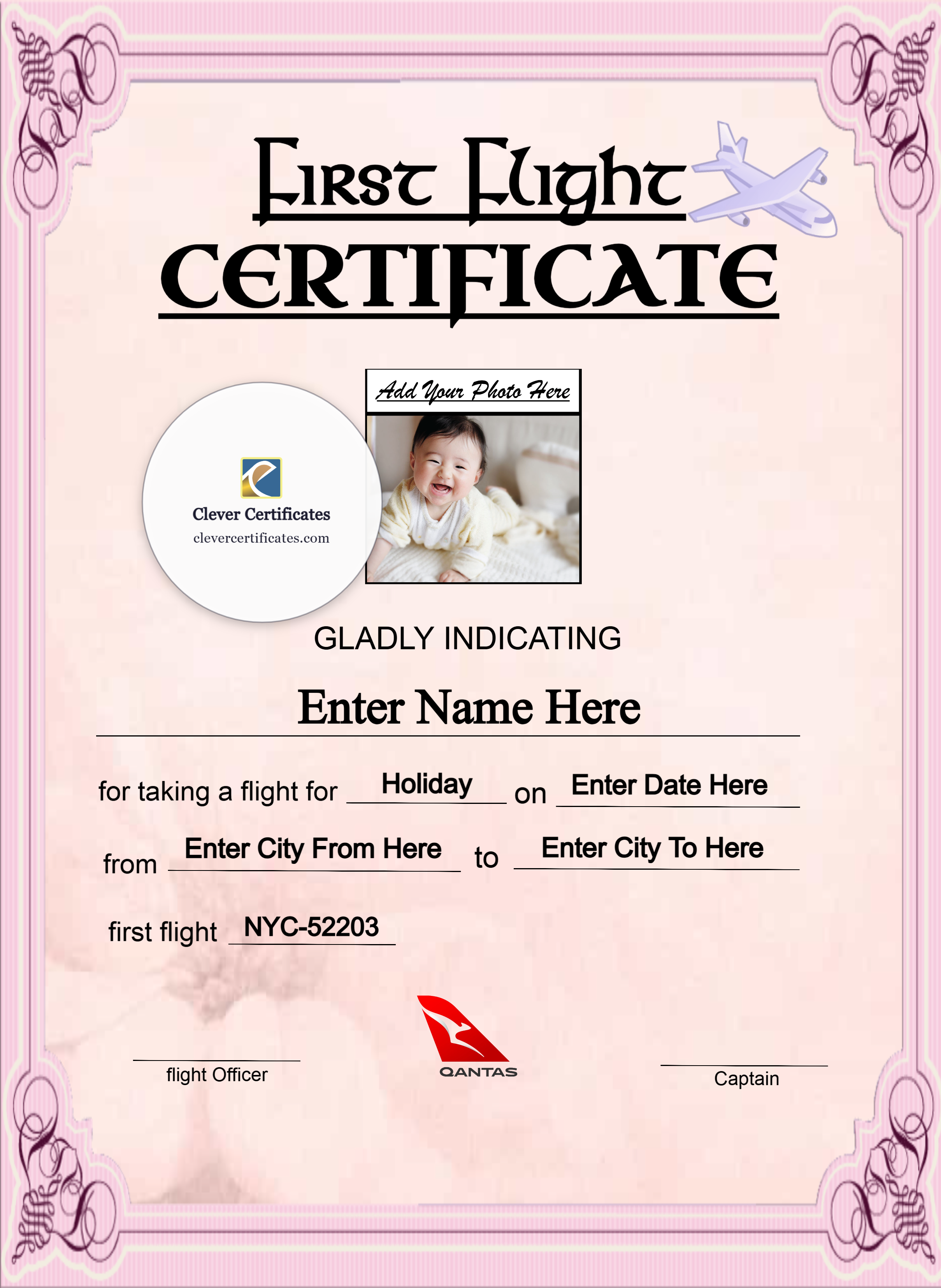Qantas Baby First Flight Certificate Portrait — Certificate Template Preview