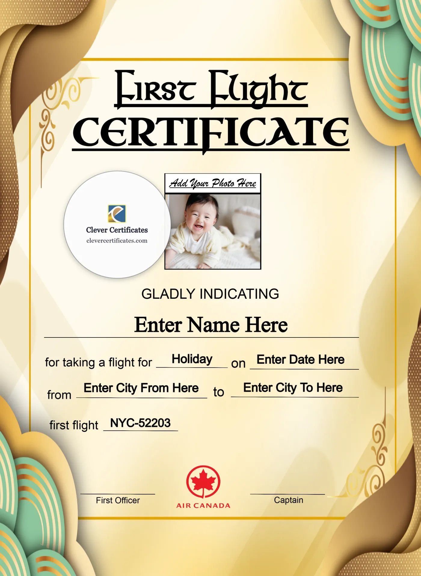 Air Canada Baby First Flight Certificate Portrait — Certificate Template Preview