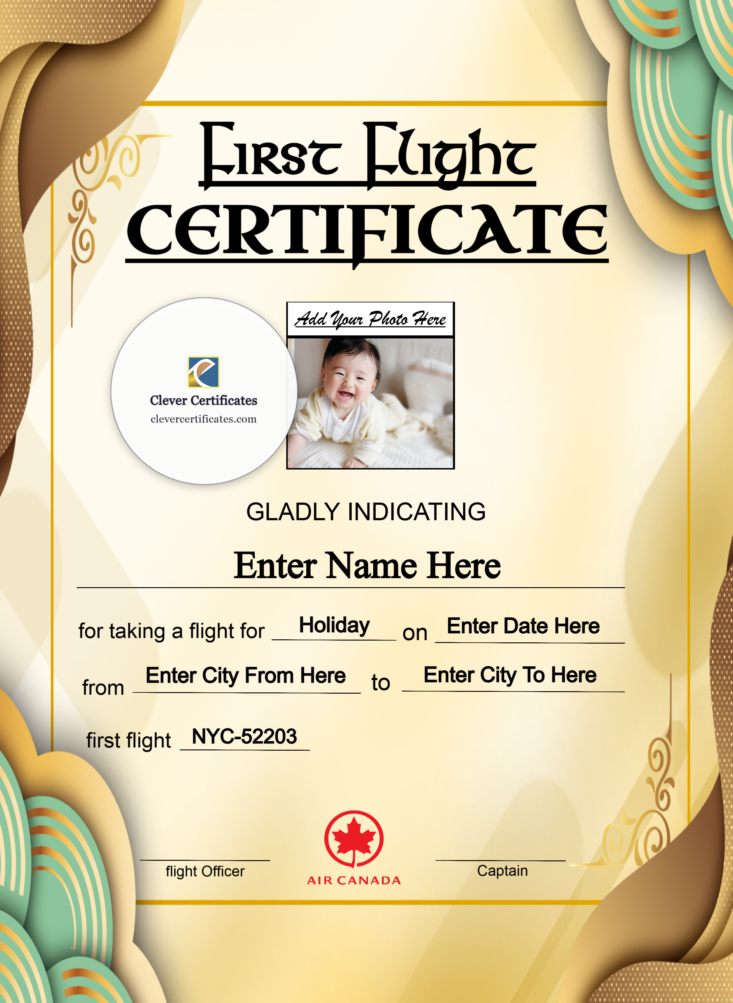 Air Canada Baby First Flight Certificate Portrait — Certificate Template Preview