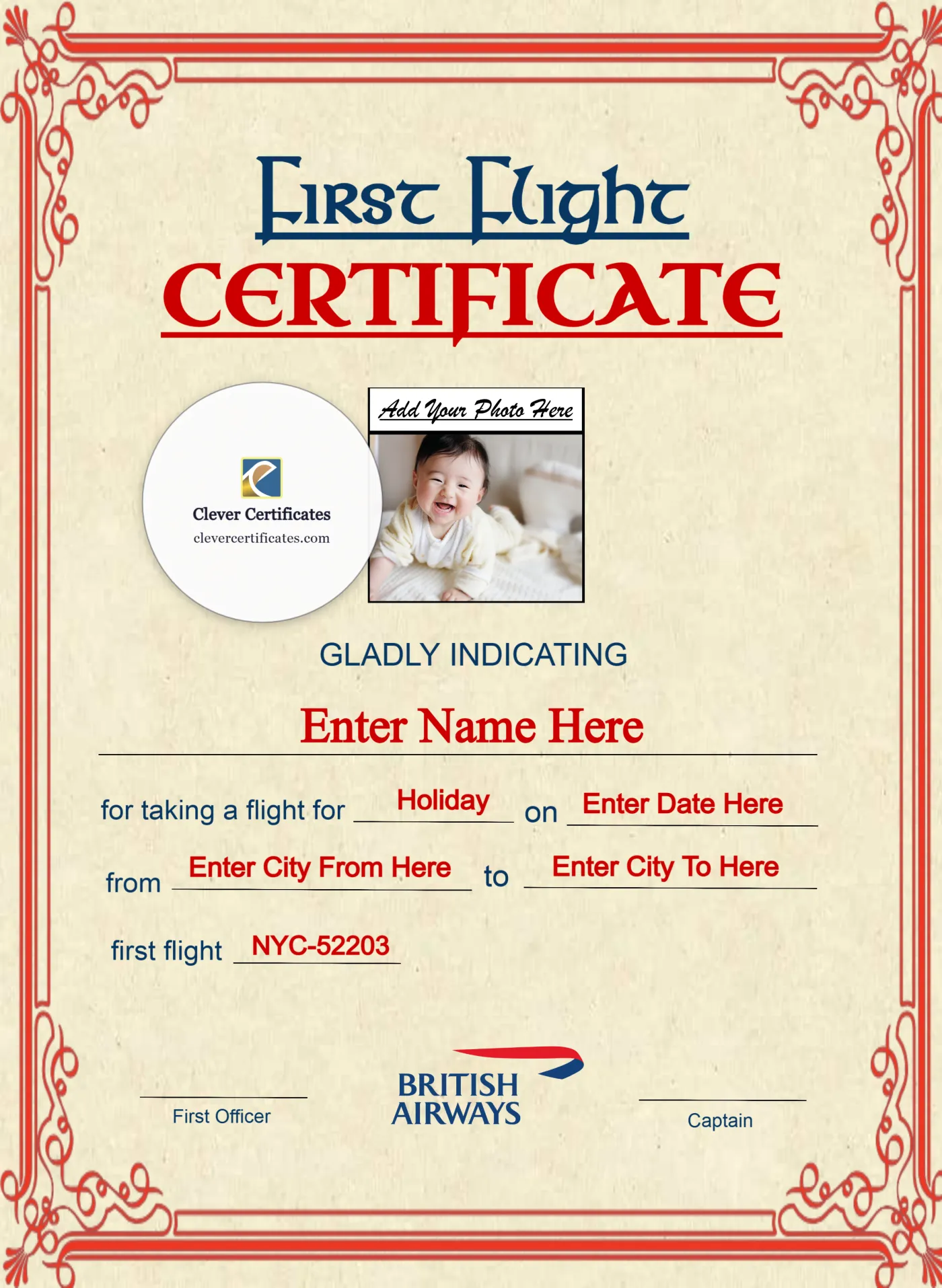 British Airways Baby First Flight Certificate Portrait — Certificate Template Preview