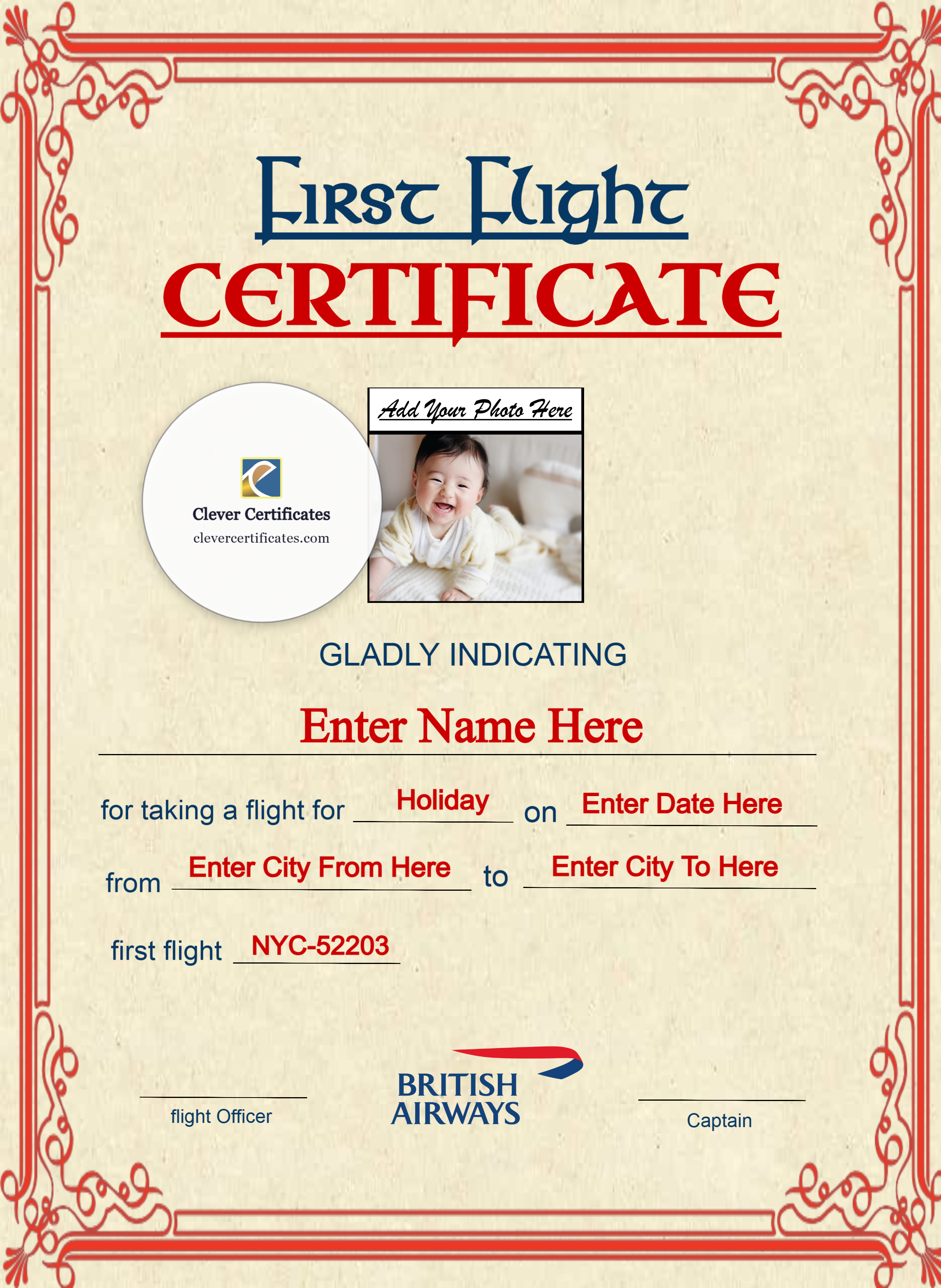 British Airways Baby First Flight Certificate Portrait — Certificate Template Preview