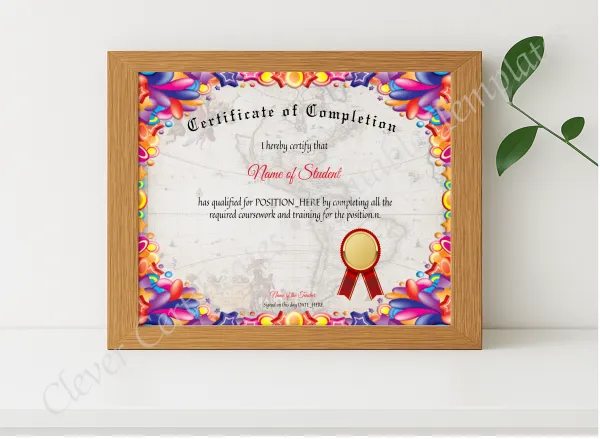 Realistic mockup featuring Certificate Of Completion 2 displayed within a modern frame, set against a minimalistic background.