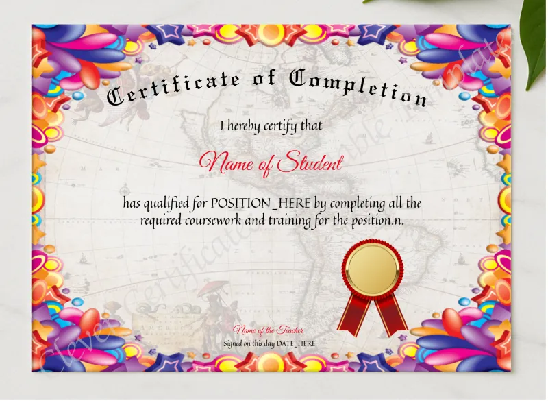 Certificate Of Completion 2 presented in a sleek wooden frame, elegantly arranged on a stylish table.
