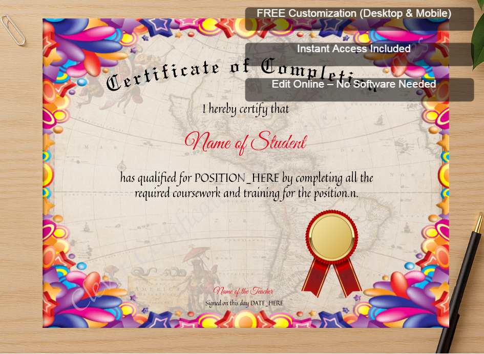 Zoomed preview with Free Editor badge stack for Certificate Of Completion 2
