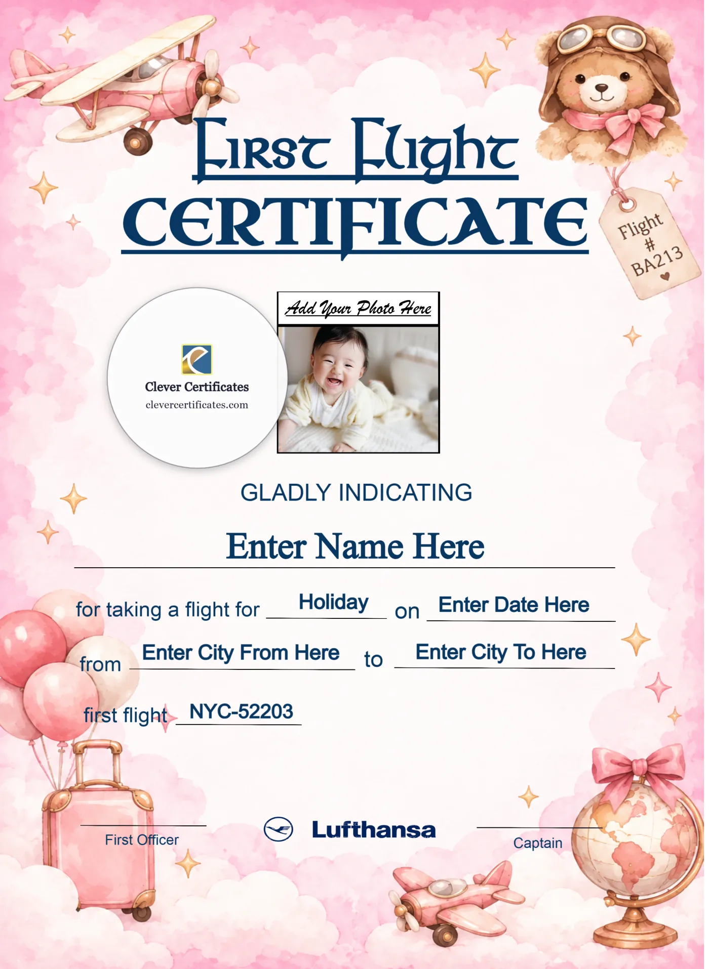 Lufthansa Baby First Flight Certificate Portrait — Certificate Template Preview