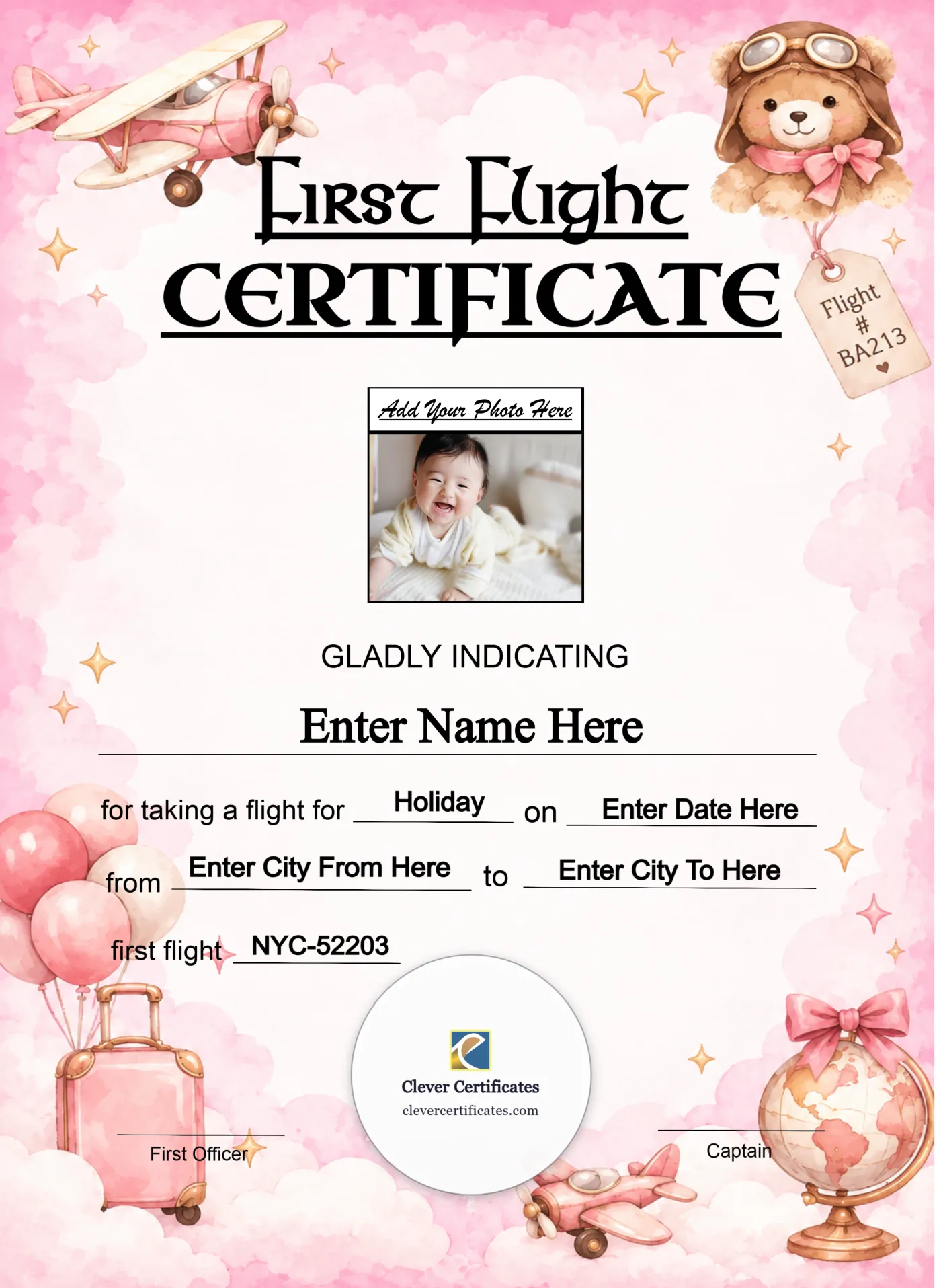 Turkish Airlines Baby First Flight Certificate Portrait — Certificate Template Preview
