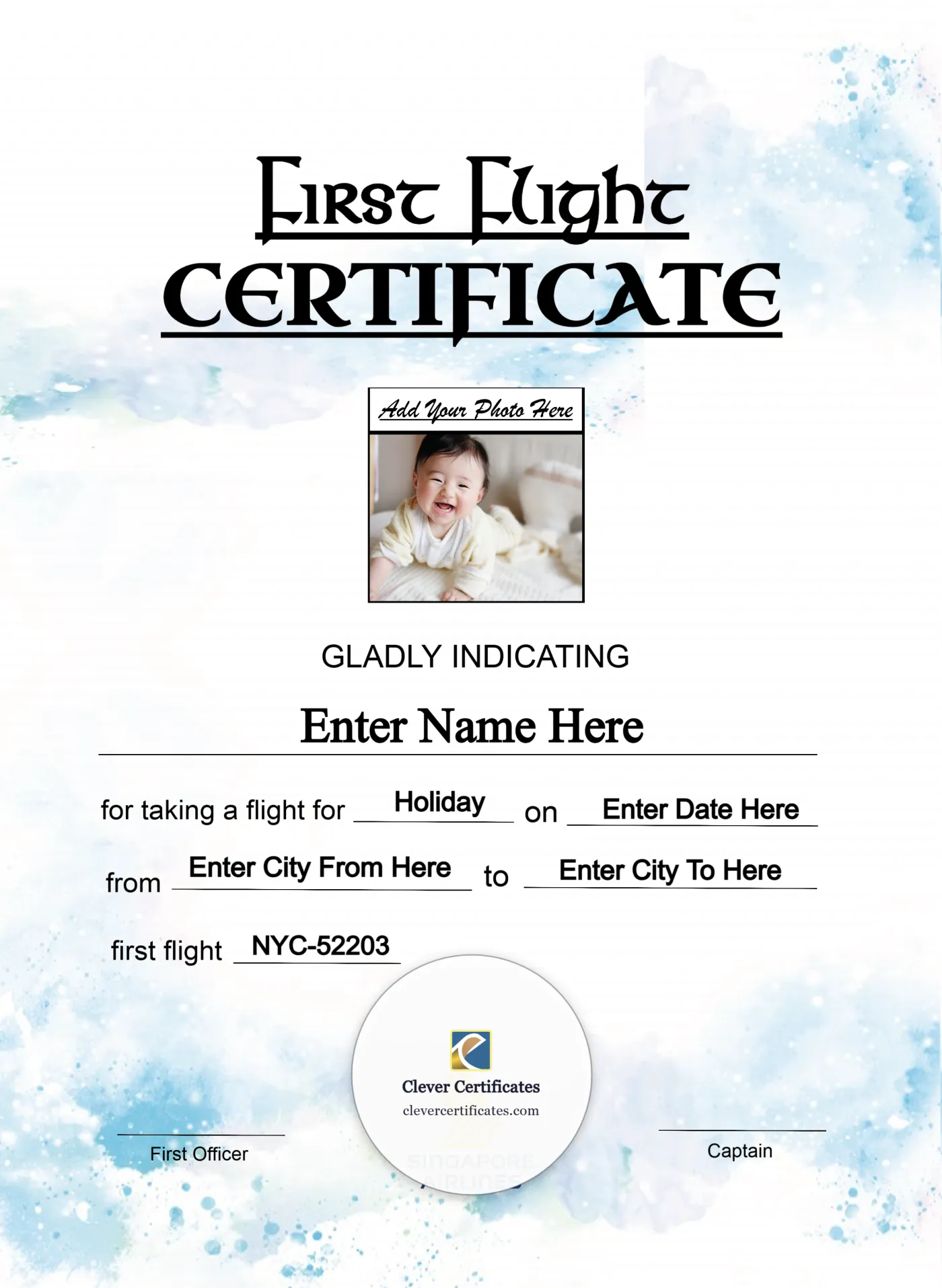Singapore Airlines Baby First Flight Certificate Portrait — Certificate Template Preview