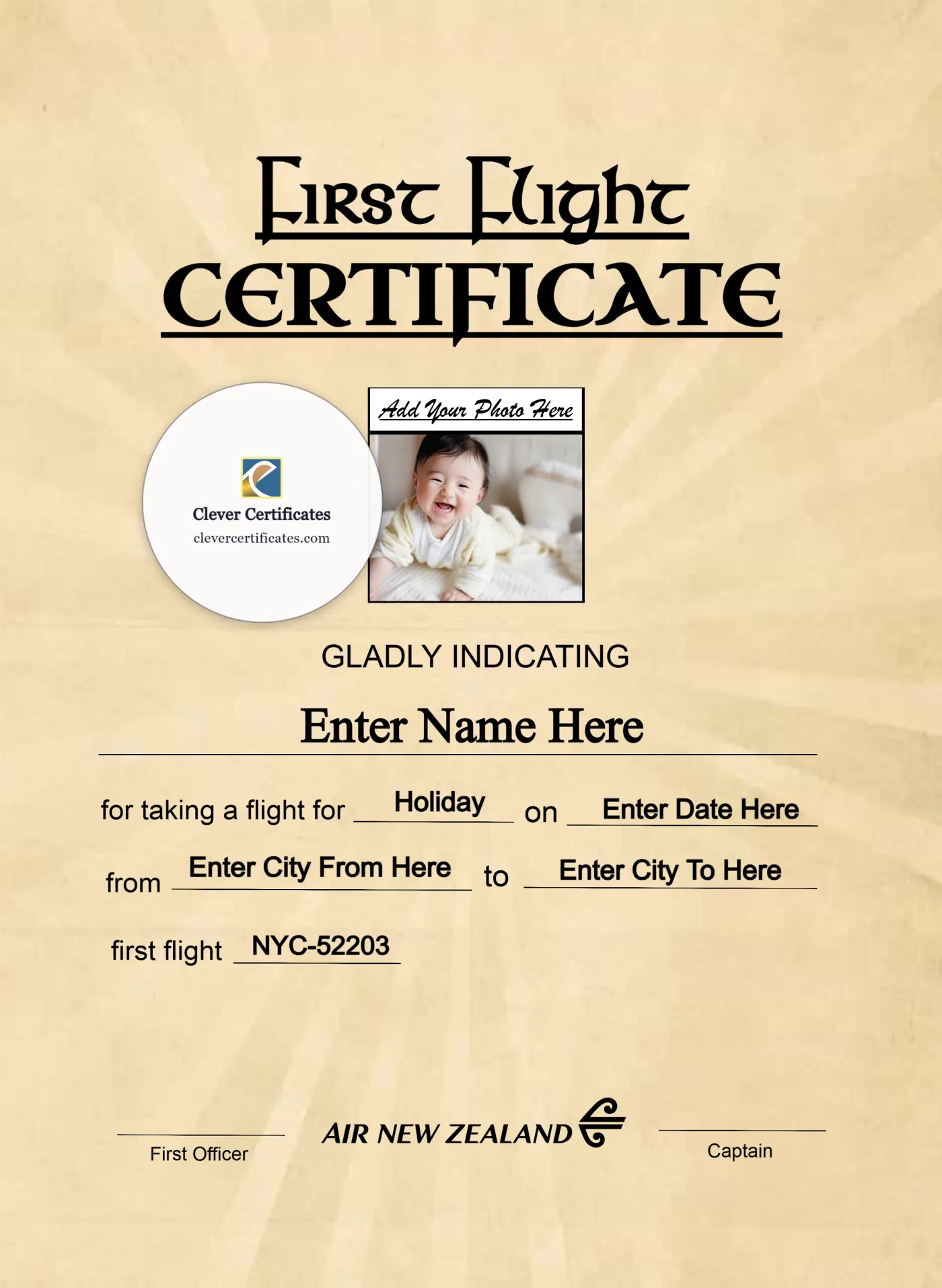 Air New Zealand Baby First Flight Certificate Portrait — Certificate Template Preview