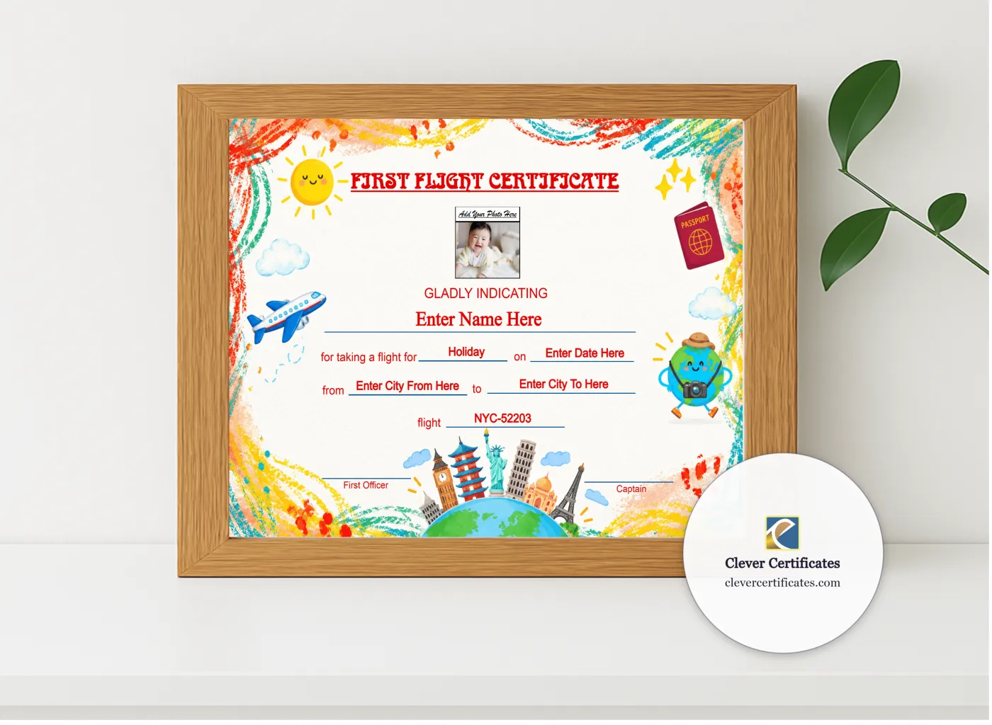 Realistic mockup featuring Infant First Flight Certificate Landscape displayed within a modern frame, set against a minimalistic background.