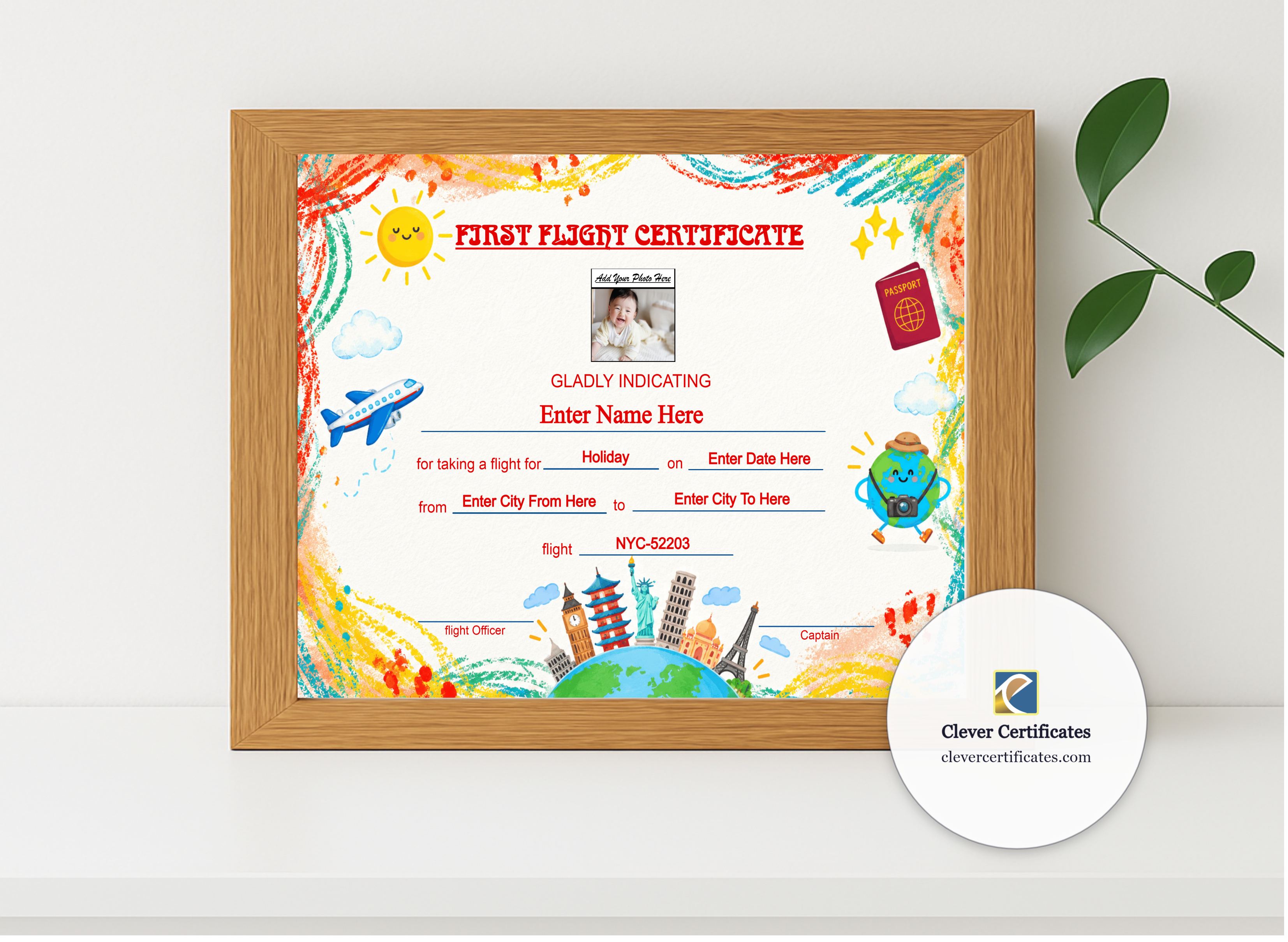 Realistic mockup featuring Infant First Flight Certificate Landscape displayed within a modern frame, set against a minimalistic background.
