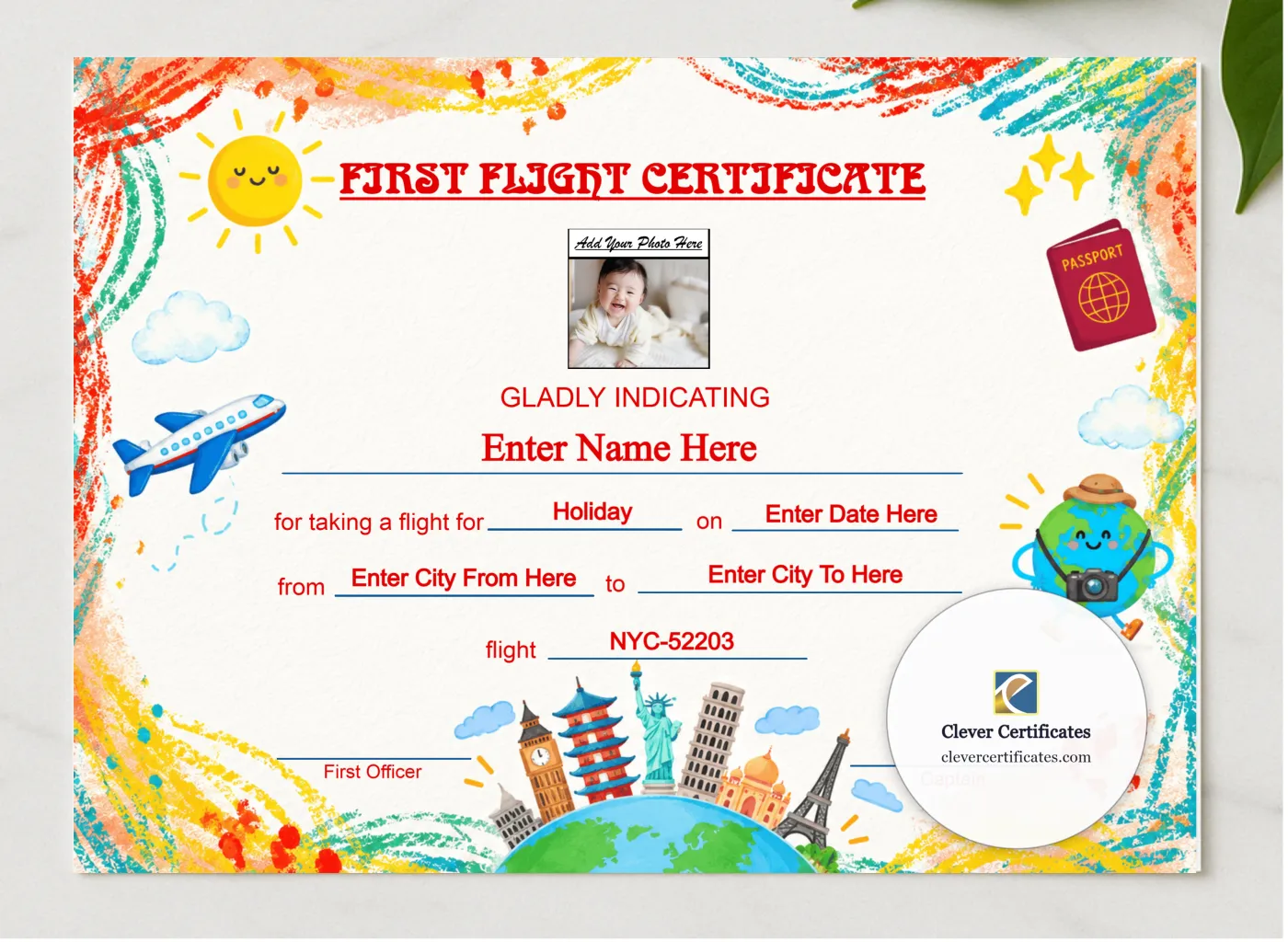 Infant First Flight Certificate Landscape presented in a sleek wooden frame, elegantly arranged on a stylish table.