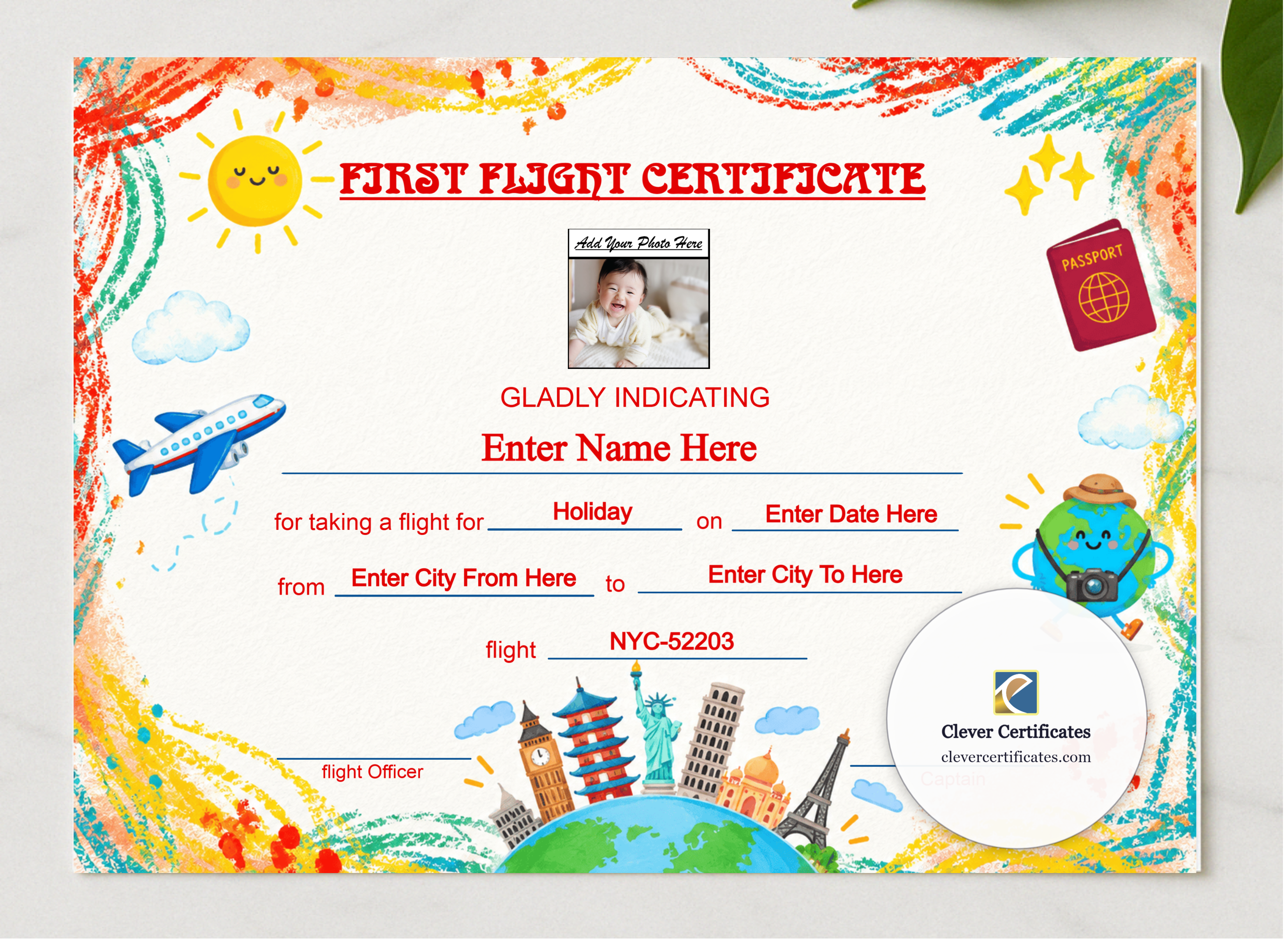 Infant First Flight Certificate Landscape presented in a sleek wooden frame, elegantly arranged on a stylish table.