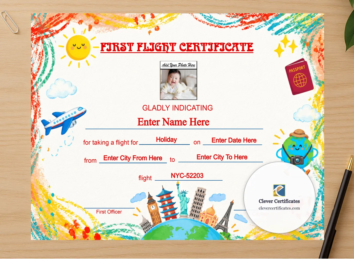 Professional preview of Infant First Flight Certificate Landscape certificate on high-quality stationery paper, ideal for showcasing the final look.