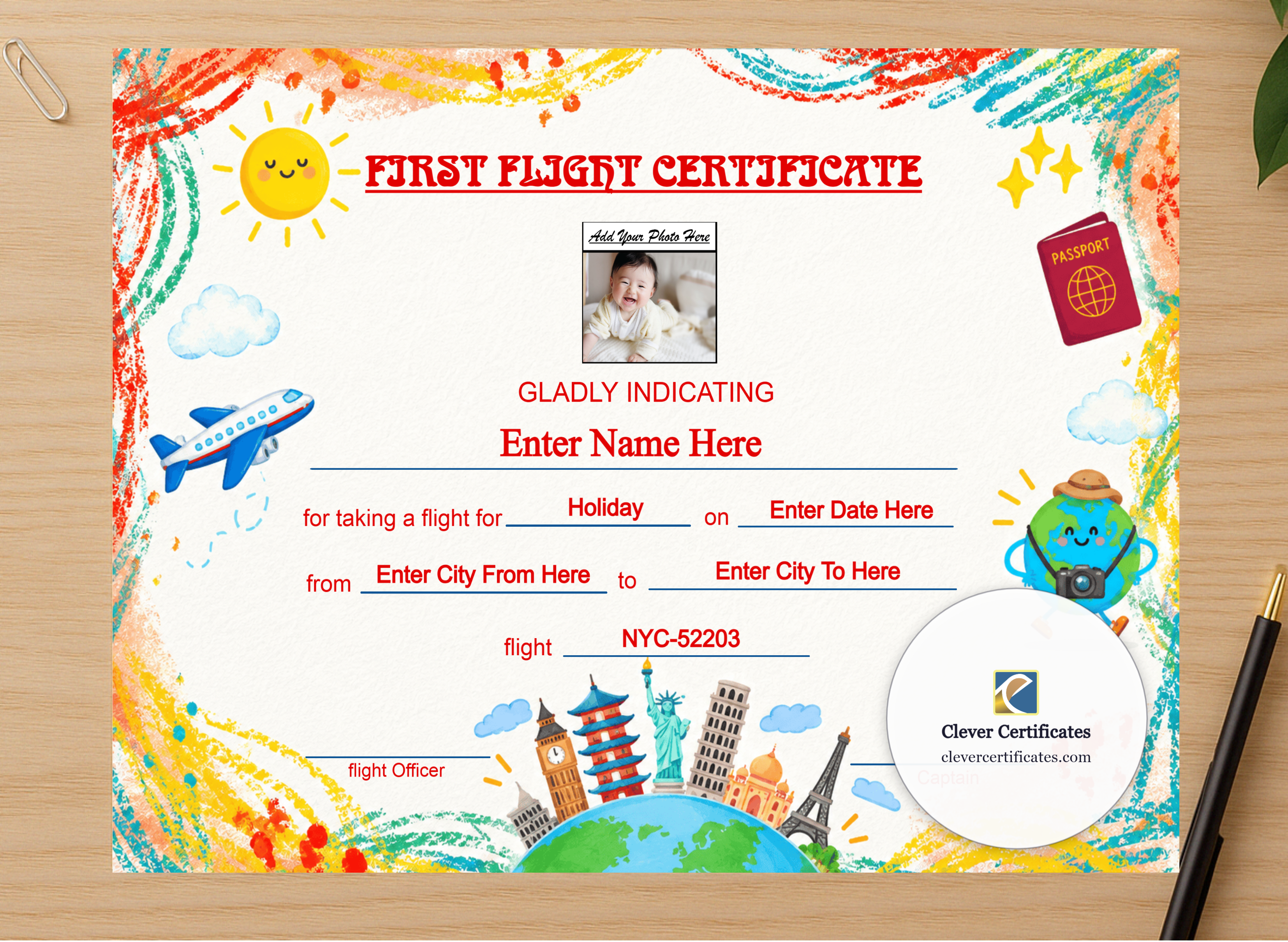 Professional preview of Infant First Flight Certificate Landscape certificate on high-quality stationery paper, ideal for showcasing the final look.