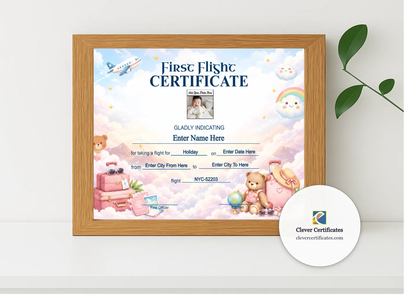 Realistic mockup featuring Newborn First Flight Certificate Landscape displayed within a modern frame, set against a minimalistic background.