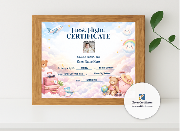 Realistic mockup featuring Newborn First Flight Certificate Landscape displayed within a modern frame, set against a minimalistic background.