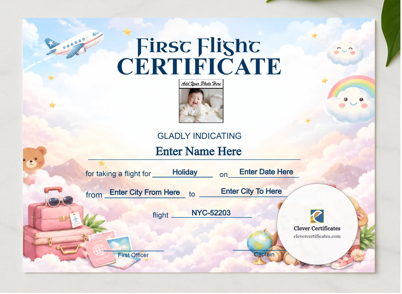 Newborn First Flight Certificate Landscape presented in a sleek wooden frame, elegantly arranged on a stylish table.