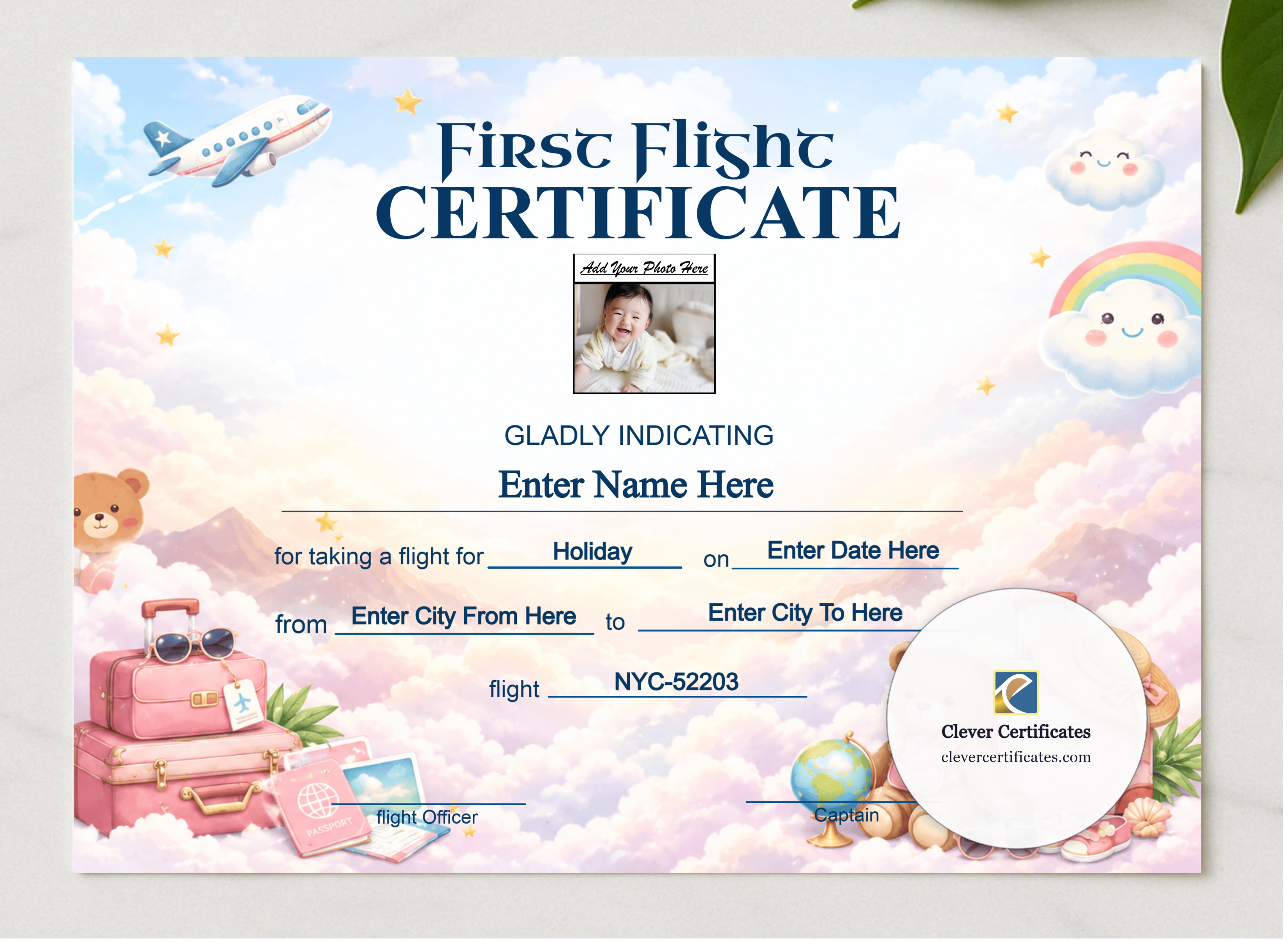 Newborn First Flight Certificate Landscape presented in a sleek wooden frame, elegantly arranged on a stylish table.