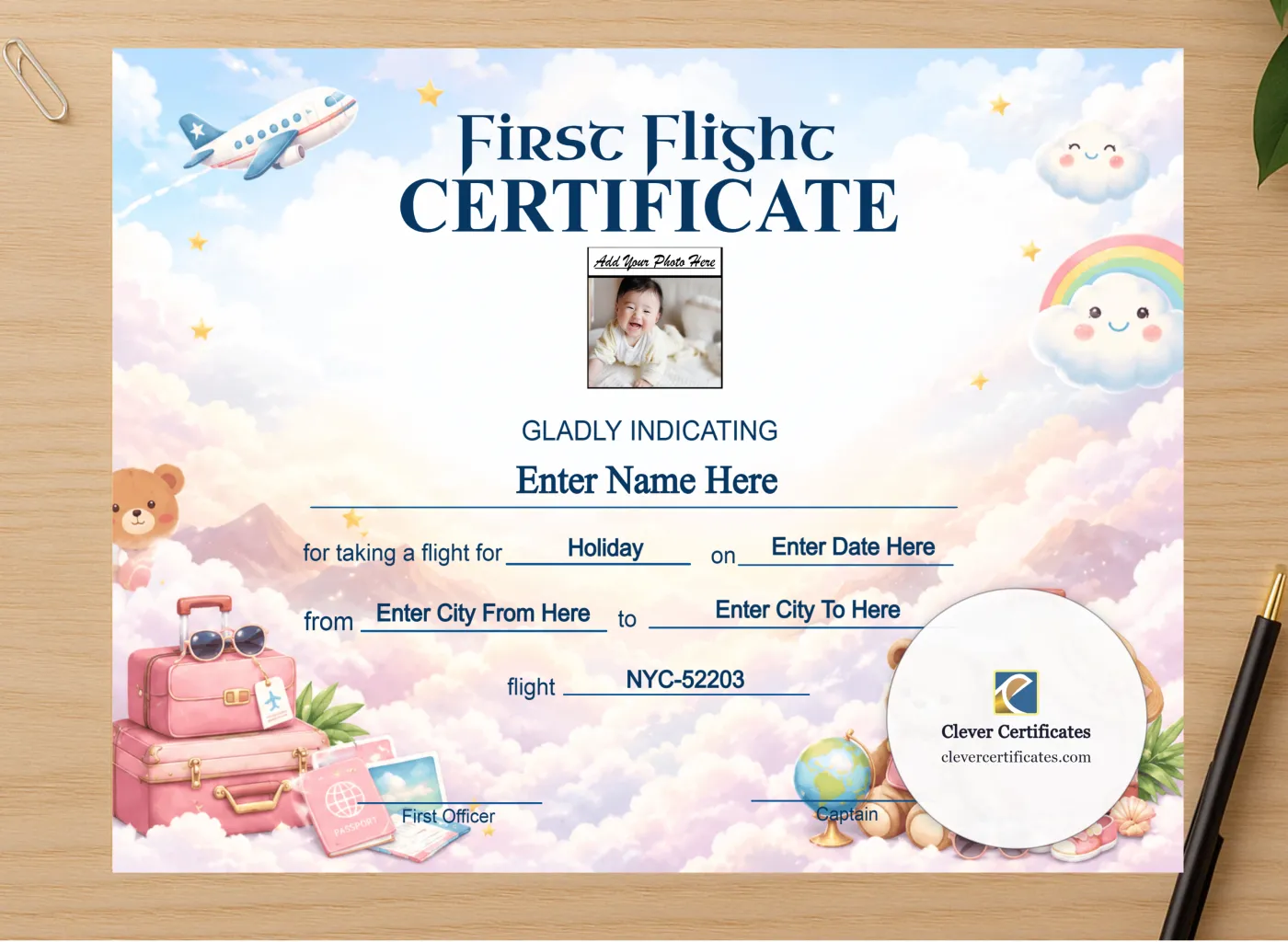 Professional preview of Newborn First Flight Certificate Landscape certificate on high-quality stationery paper, ideal for showcasing the final look.