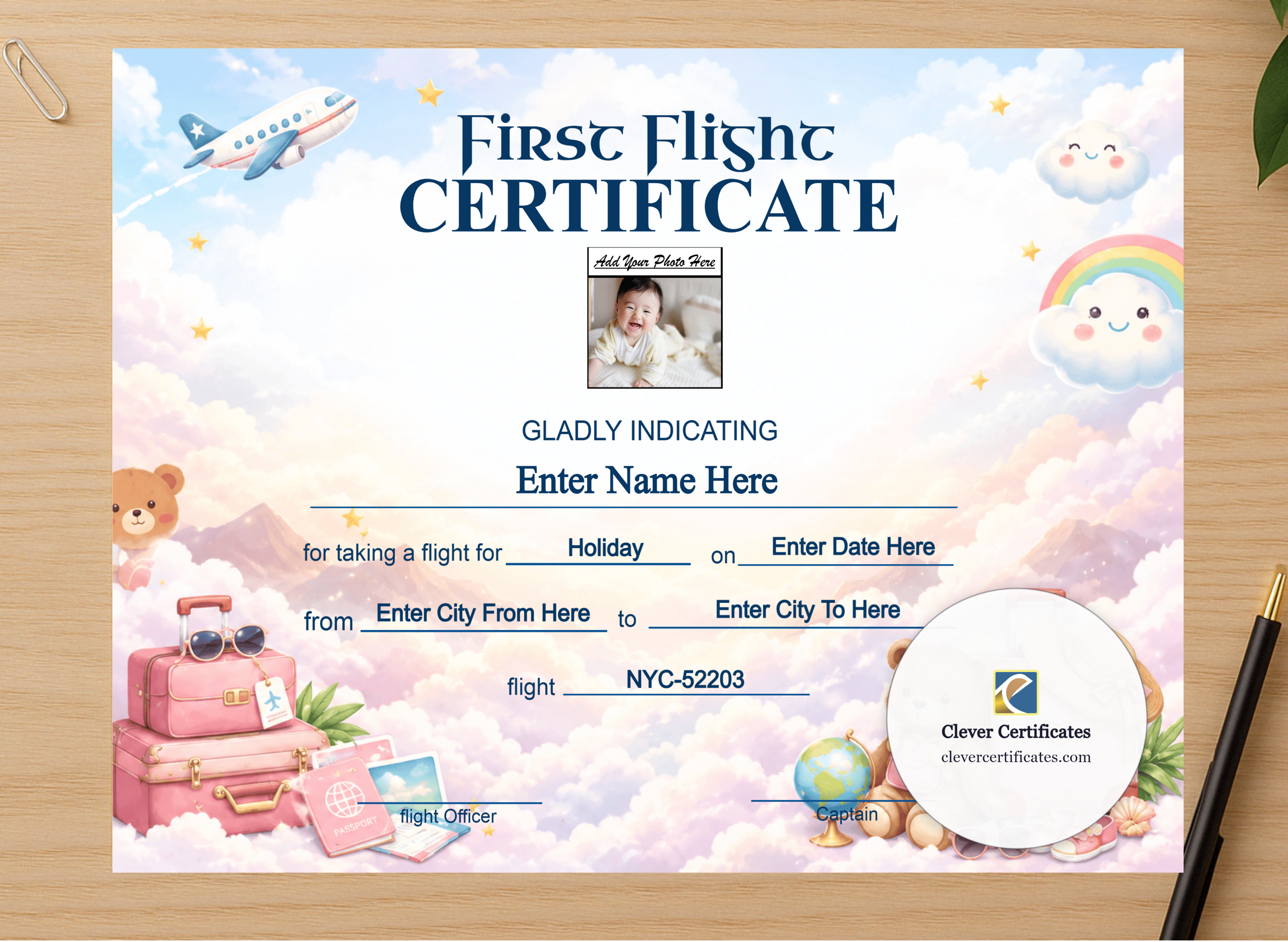 Professional preview of Newborn First Flight Certificate Landscape certificate on high-quality stationery paper, ideal for showcasing the final look.