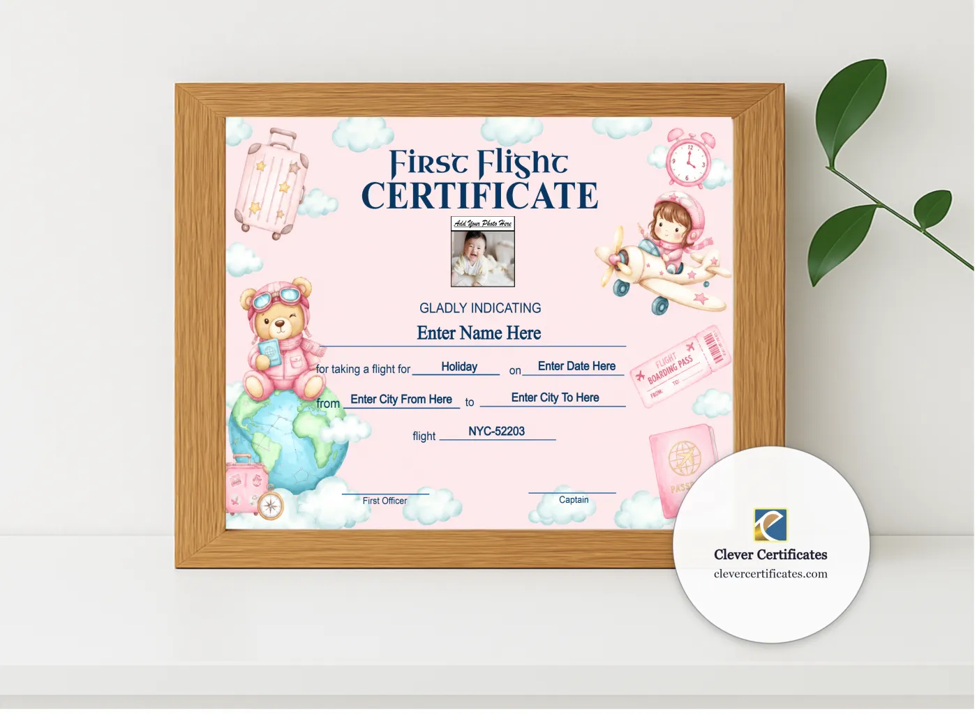 Realistic mockup featuring Toddler First Flight Certificate Landscape displayed within a modern frame, set against a minimalistic background.
