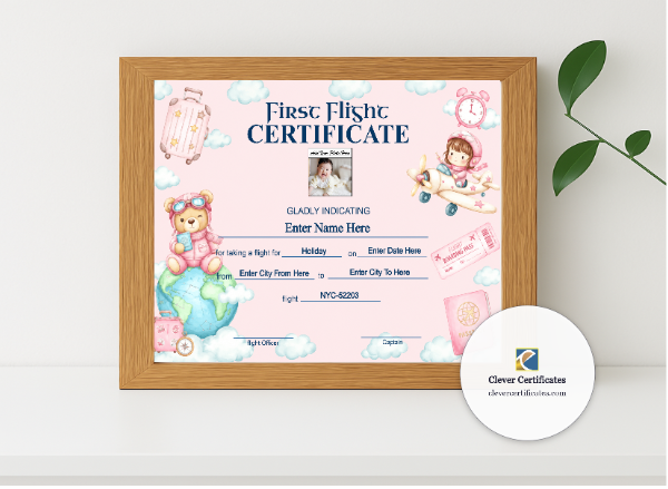 Realistic mockup featuring Toddler First Flight Certificate Landscape displayed within a modern frame, set against a minimalistic background.