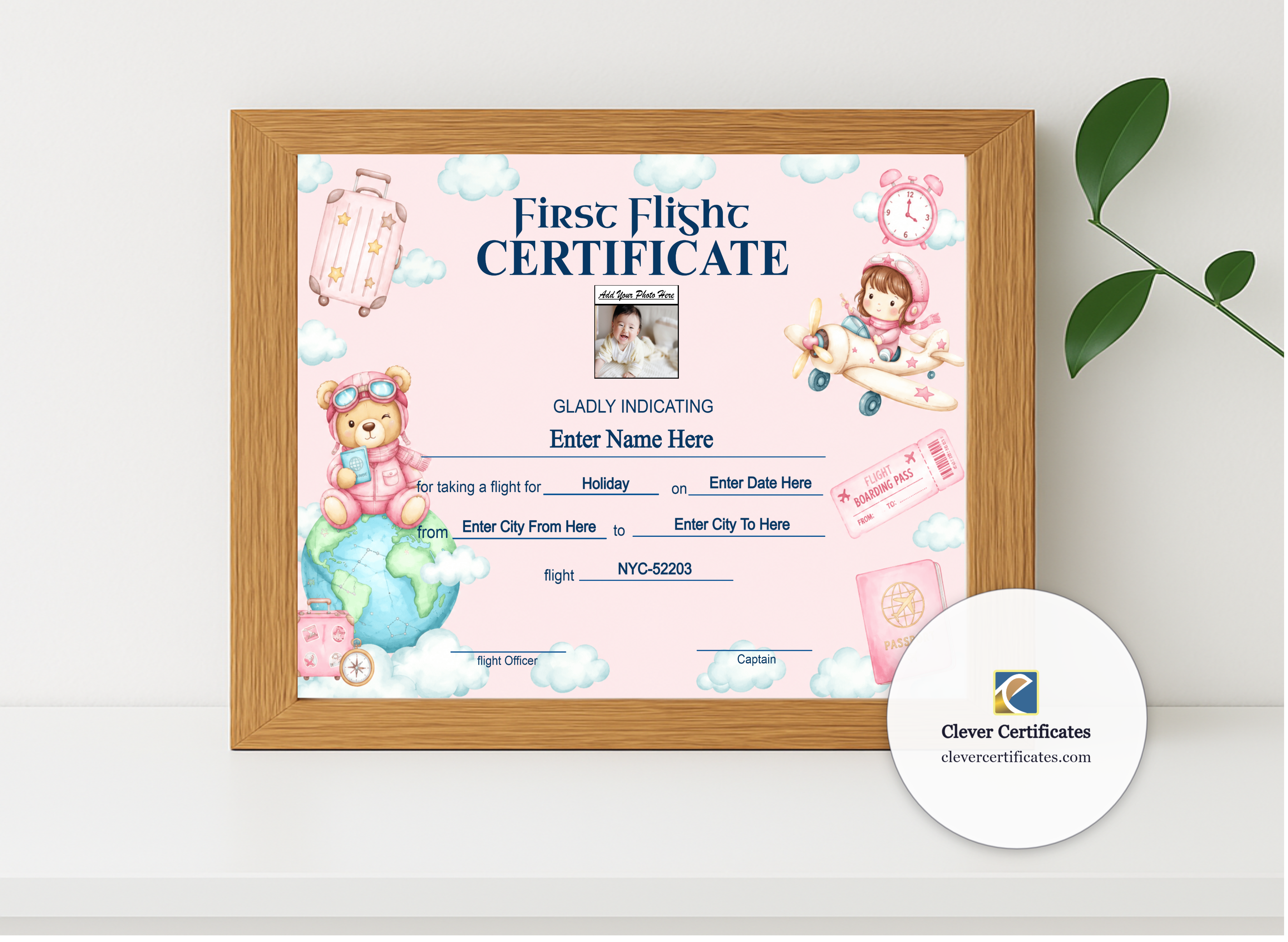 Realistic mockup featuring Toddler First Flight Certificate Landscape displayed within a modern frame, set against a minimalistic background.
