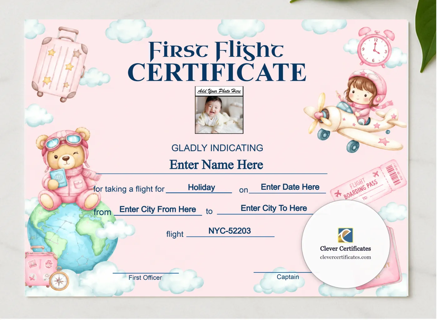Toddler First Flight Certificate Landscape presented in a sleek wooden frame, elegantly arranged on a stylish table.