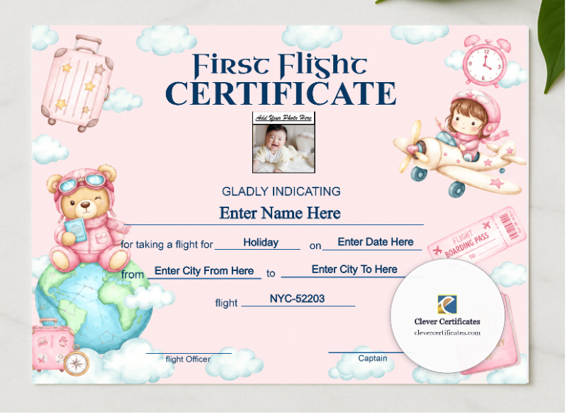 Toddler First Flight Certificate Landscape presented in a sleek wooden frame, elegantly arranged on a stylish table.