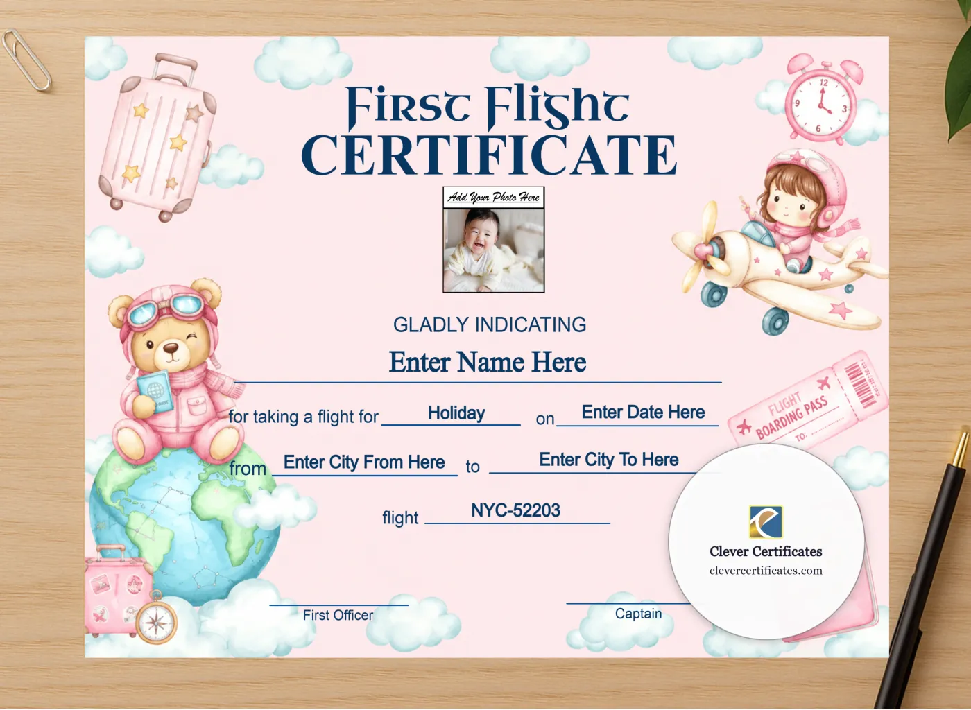 Professional preview of Toddler First Flight Certificate Landscape certificate on high-quality stationery paper, ideal for showcasing the final look.