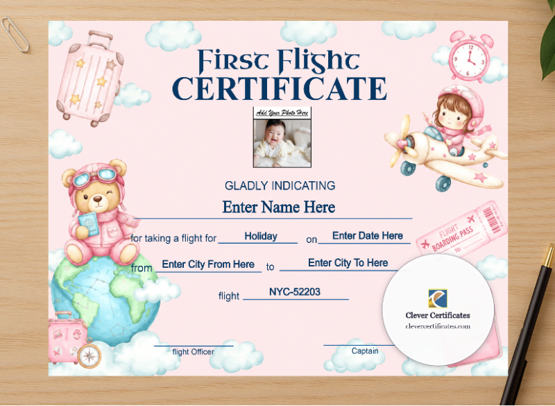 Professional preview of Toddler First Flight Certificate Landscape certificate on high-quality stationery paper, ideal for showcasing the final look.
