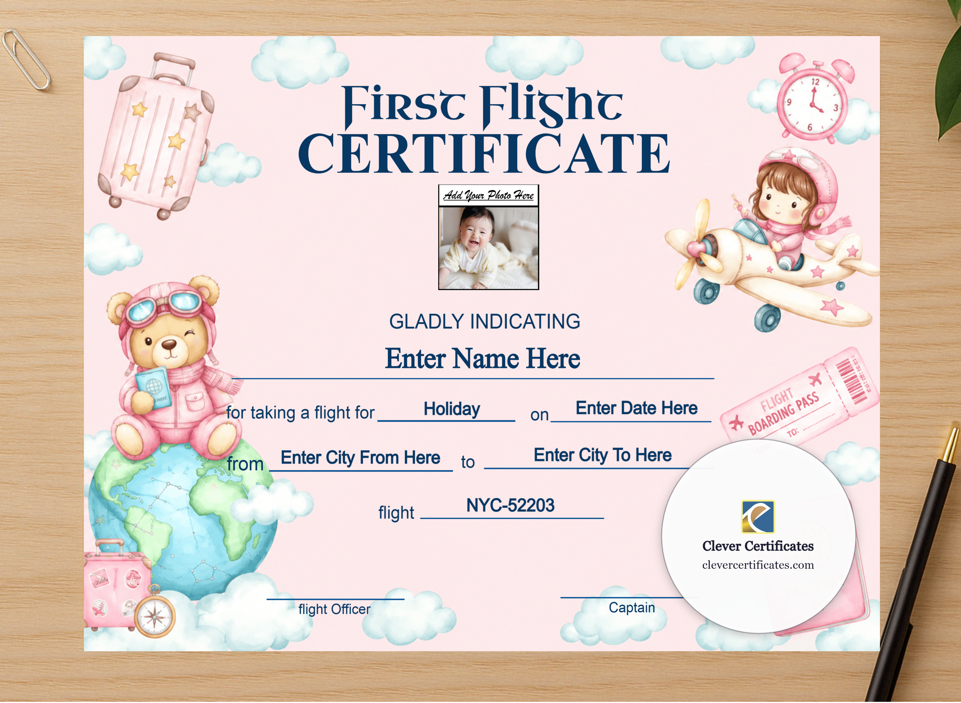 Professional preview of Toddler First Flight Certificate Landscape certificate on high-quality stationery paper, ideal for showcasing the final look.