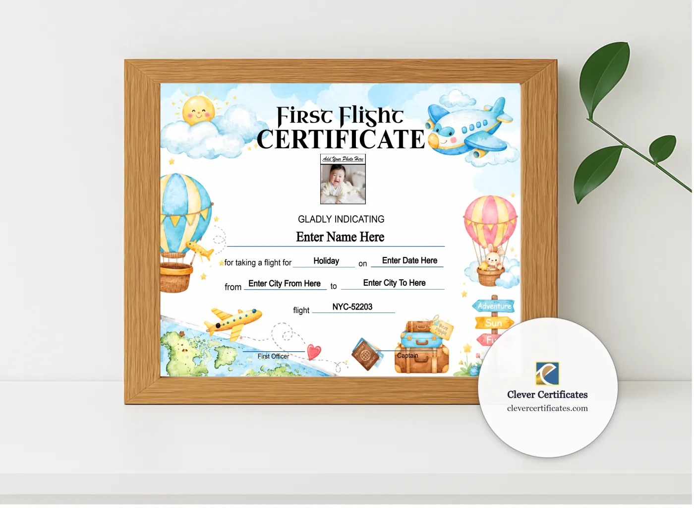 Realistic mockup featuring Child First Solo Flight Certificate Landscape displayed within a modern frame, set against a minimalistic background.
