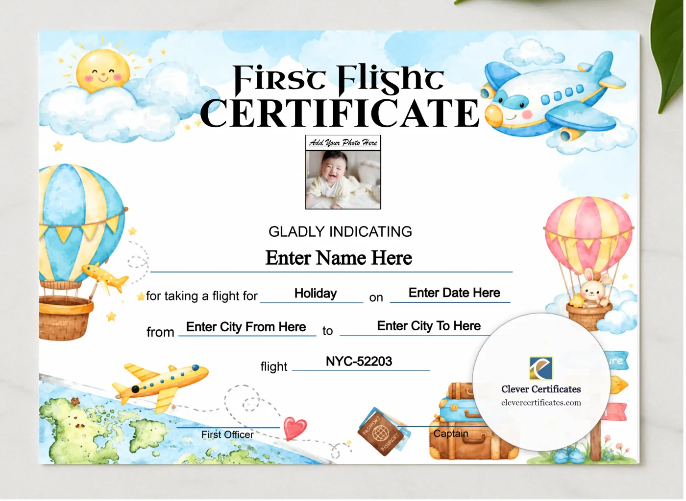Child First Solo Flight Certificate Landscape presented in a sleek wooden frame, elegantly arranged on a stylish table.