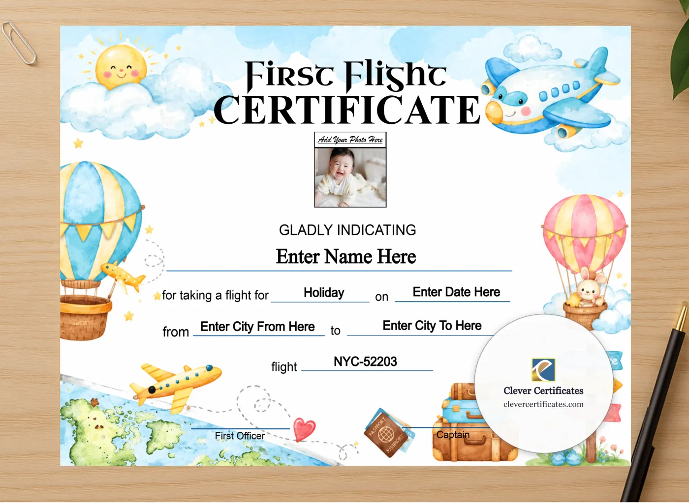 Professional preview of Child First Solo Flight Certificate Landscape certificate on high-quality stationery paper, ideal for showcasing the final look.