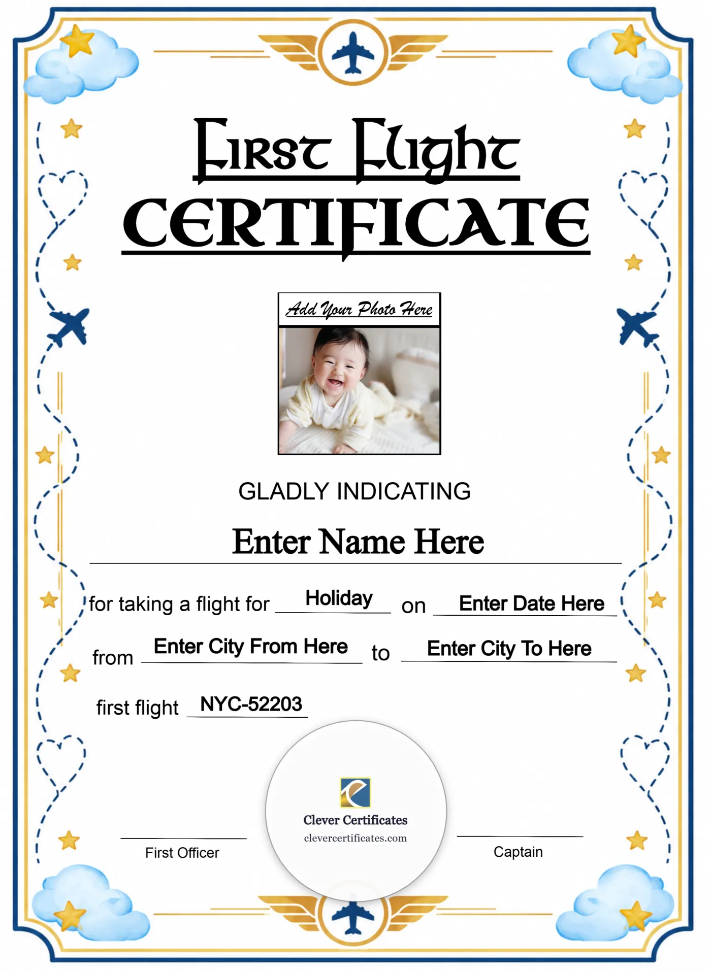 Infant First Flight Certificate Portrait — Certificate Template Preview