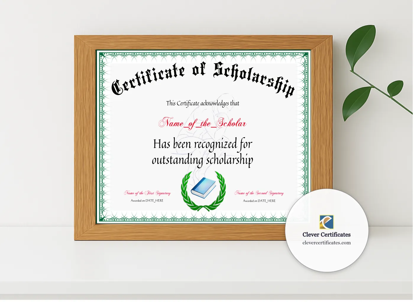 Realistic mockup featuring Certificate Of Scholarship displayed within a modern frame, set against a minimalistic background.