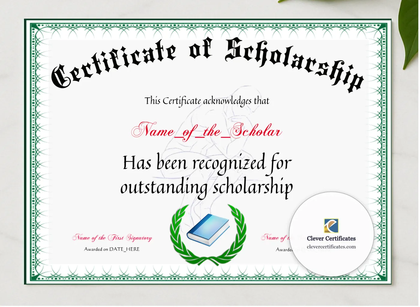 Certificate Of Scholarship presented in a sleek wooden frame, elegantly arranged on a stylish table.