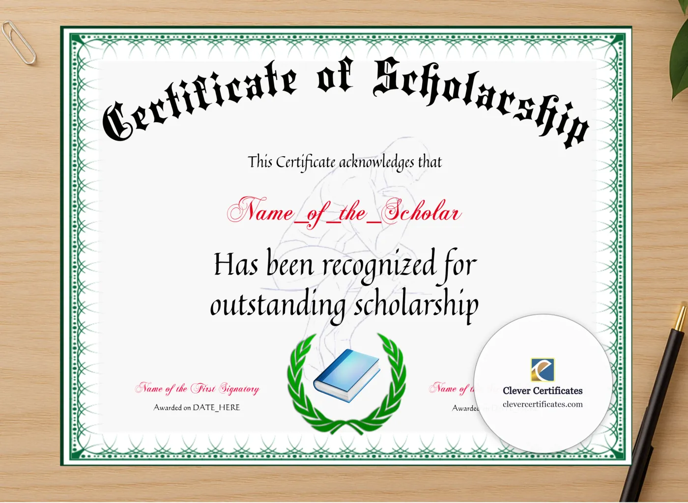 Professional preview of Certificate Of Scholarship certificate on high-quality stationery paper, ideal for showcasing the final look.