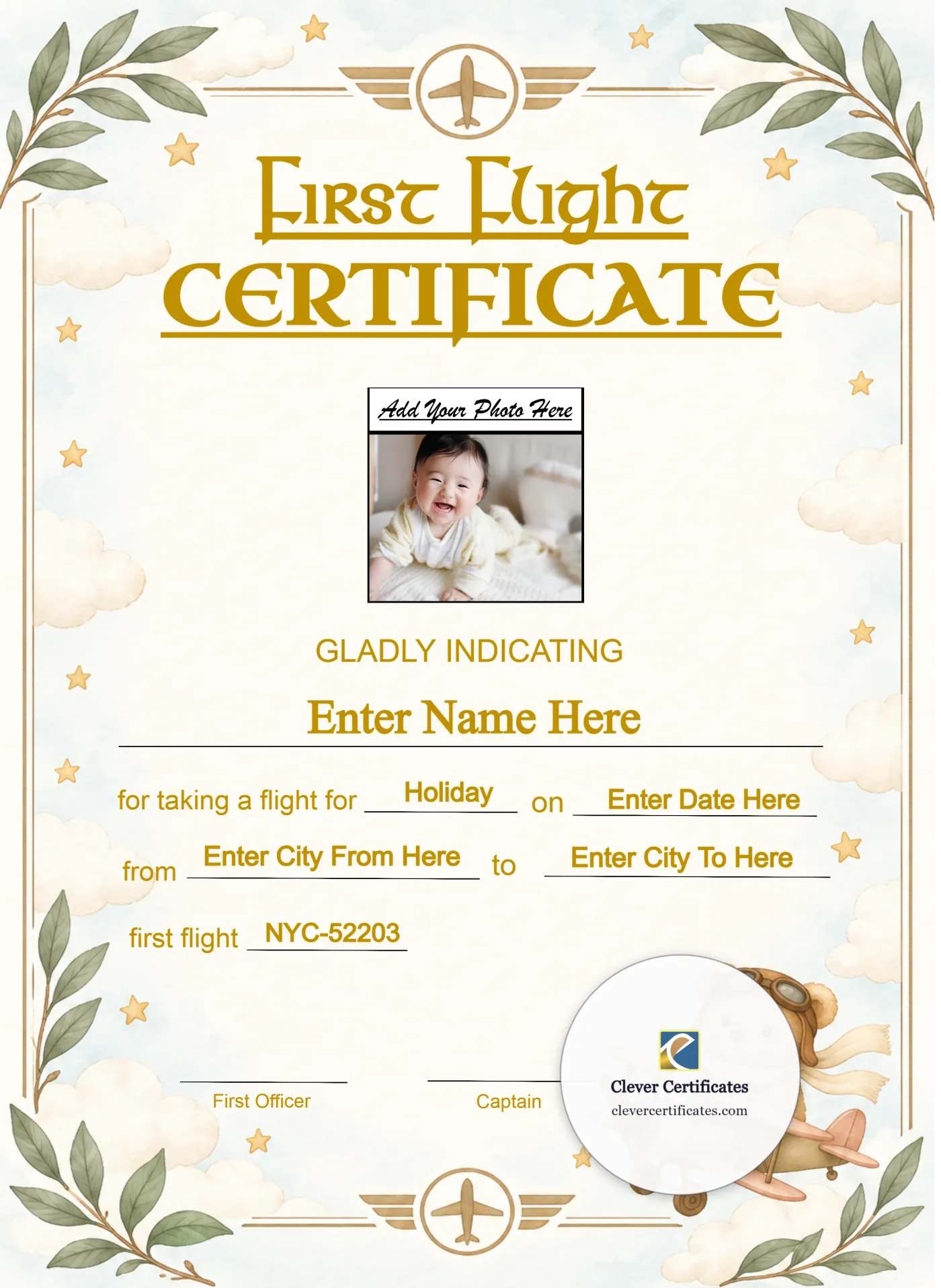 Newborn First Flight Certificate Portrait — Certificate Template Preview