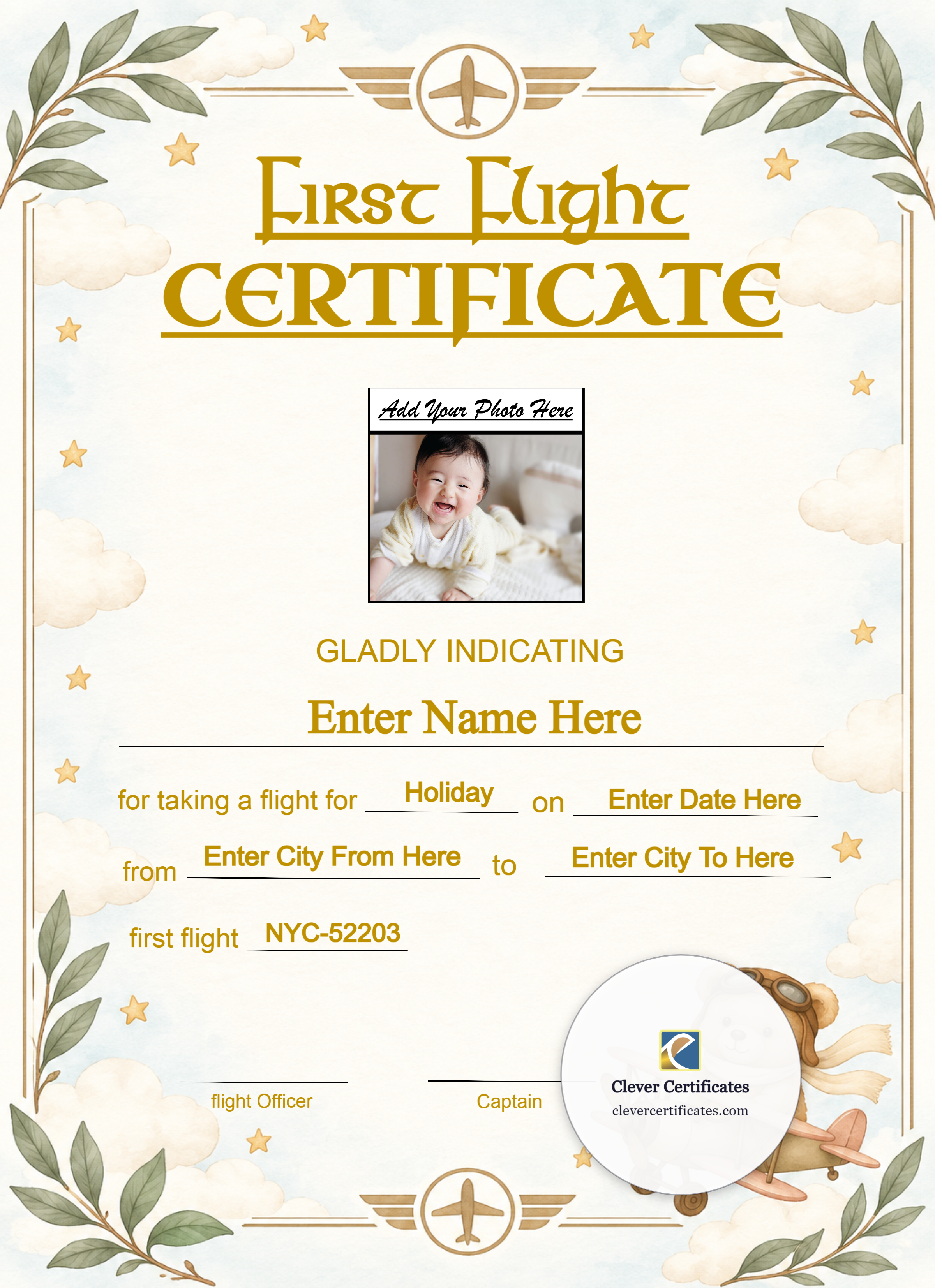 Newborn First Flight Certificate Portrait — Certificate Template Preview