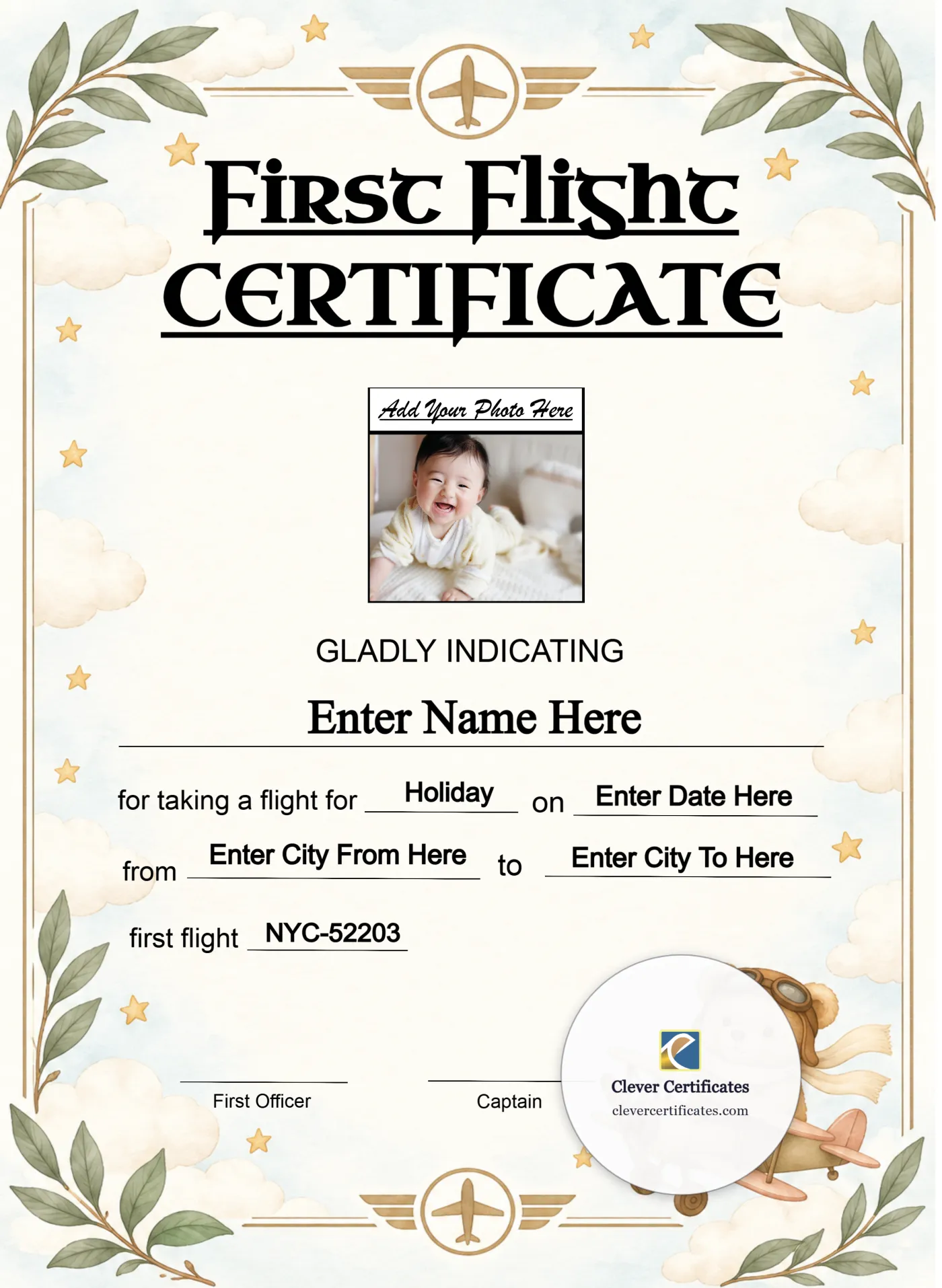 Toddler First Flight Certificate Portrait — Certificate Template Preview