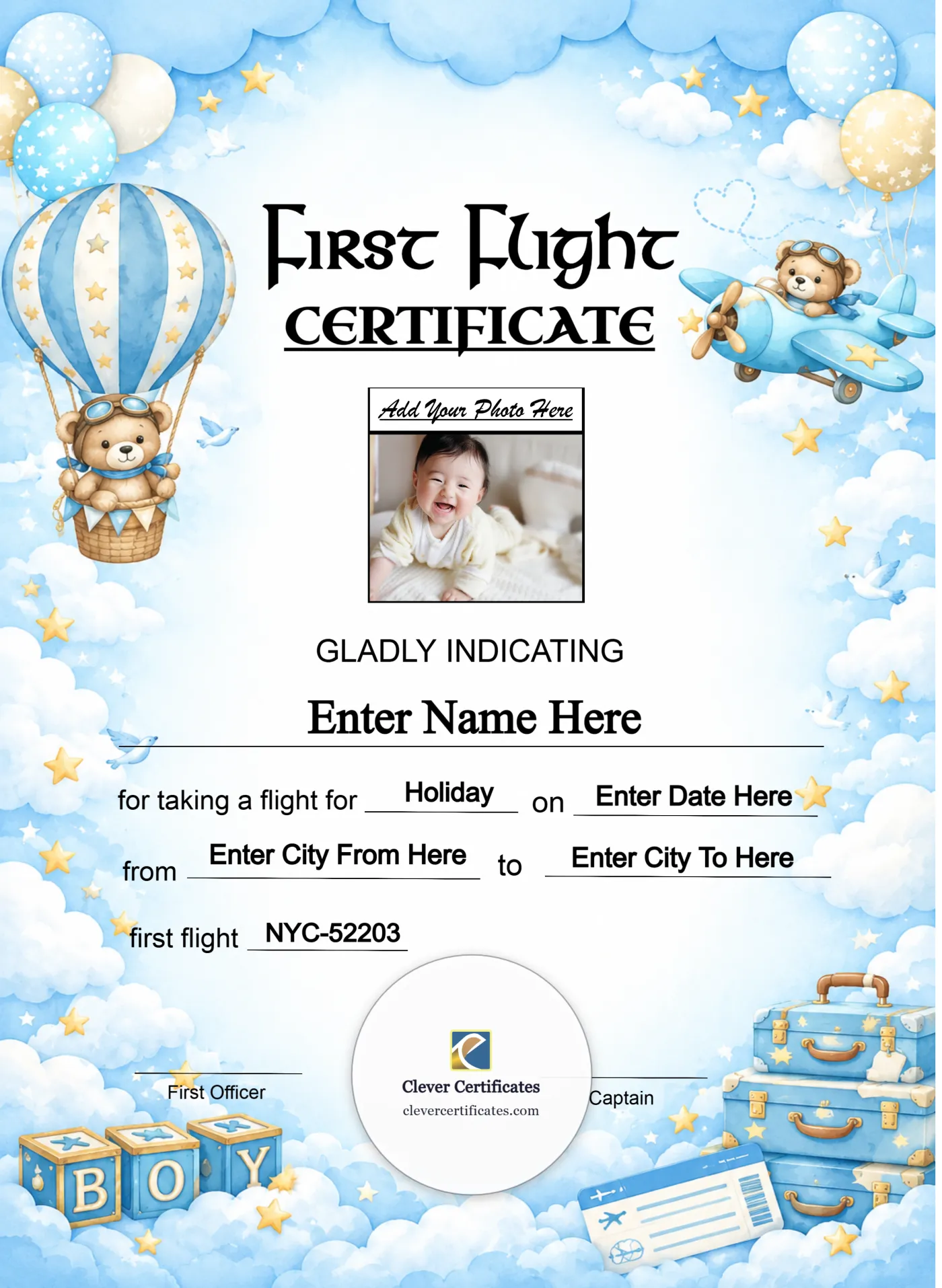 Baby First International Flight Certificate Portrait — Certificate Template Preview
