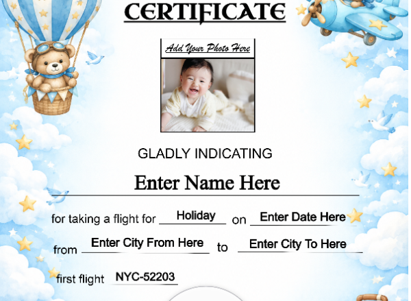 Baby First International Flight Certificate — Portrait