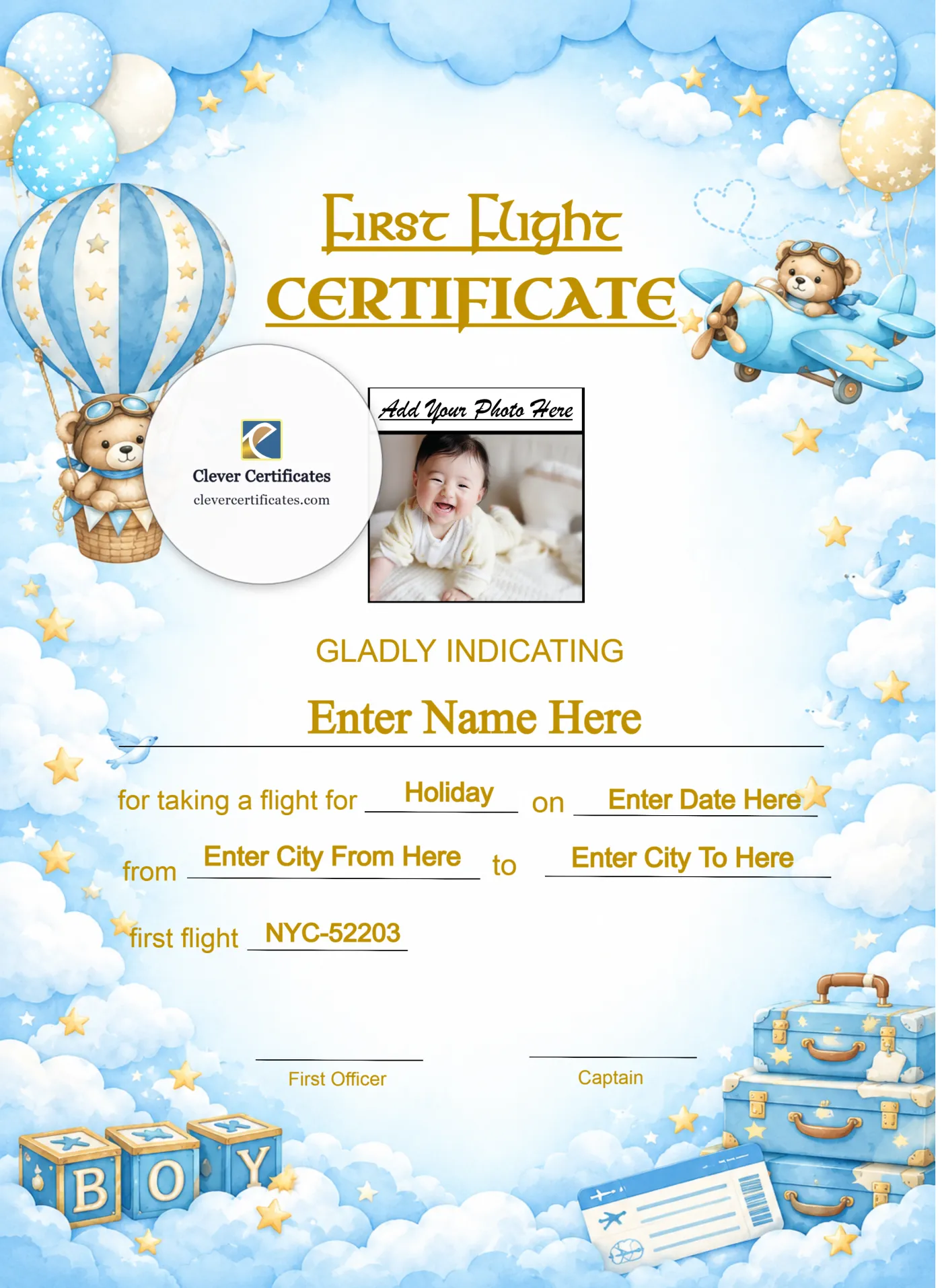 Child First Solo Flight Certificate Portrait — Certificate Template Preview