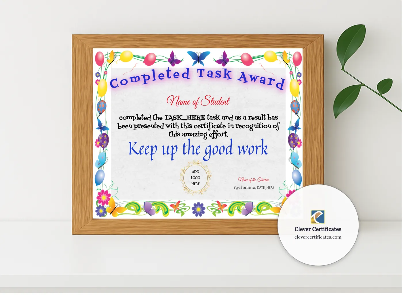 Realistic mockup featuring Completed Task Award displayed within a modern frame, set against a minimalistic background.