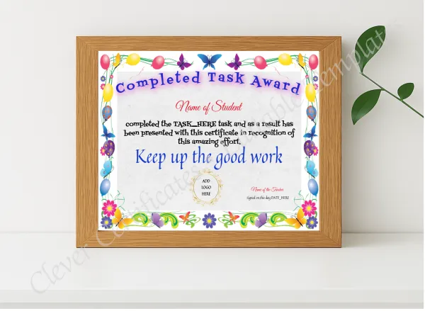 Realistic mockup featuring Completed Task Award displayed within a modern frame, set against a minimalistic background.